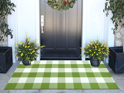 Buffalo Plaid Outdoor Rug 24''x51''Green and White Checkered Front Porch Rug Cotton Woven Washable Door Mat Outdoor for Layered Hello Welcome Door Mat Farmhouse Entryway - color: Green Buffalo, size: 24''x 51''