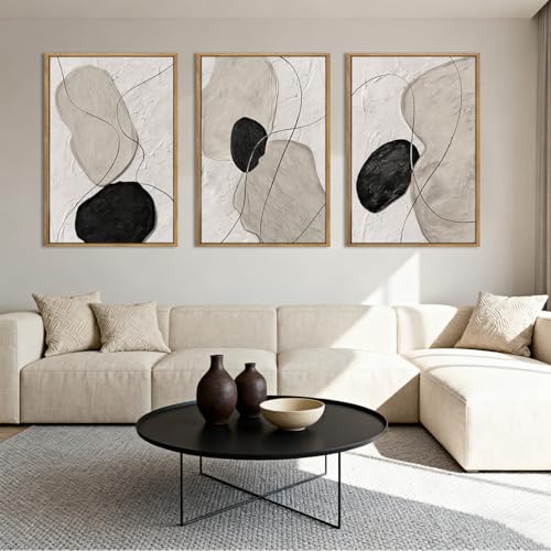 ANHUIB Neutral Abstract Wall Art Canvas,Mordern Geometric Wall Decor Framed,Contemporary Minimalist Artwork, Black Beige Canvas Prints, 3 Piece 16 * 24IN Painting for Living Room Bedroom Office - color: Grey Abstract, size: 24"L x 16"W
