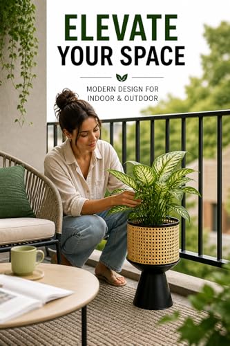 PandS Metal Planter with Stand Beige Rattan-Style Indoor & Outdoor Plant Pot, 12 Inch Decorative Planter with Drainage for Herbs, Succulents & Cactus