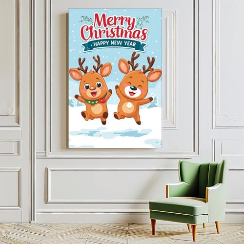 JDBeehpy Merry Christmas & Happy New Year Frame Canvas Print Wall Art Painting Reindeer Playing Happily in Snow Cute Poster Home Decor Mural 08x12inch(20x30cm) - color: Reindeer Frame, size: 12L" x 8W"