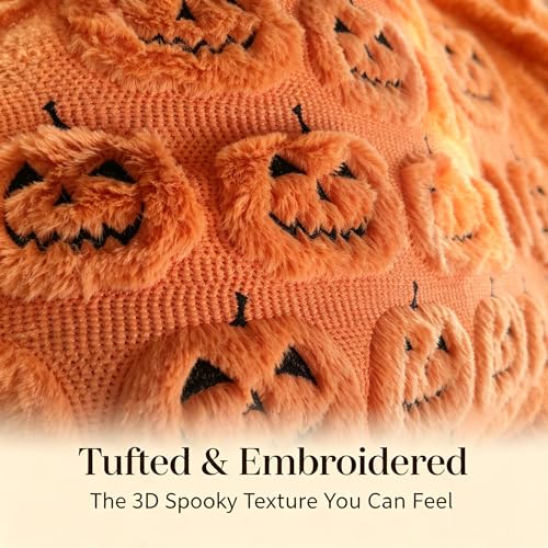 Orange Embroidered Pumpkin Halloween Throw Pillow Covers 18x18 in Set of 2, Tufted Reversible Plush Cushion Covers for Couch Sofa Holiday Decorations - color: Spooky Pumpkin