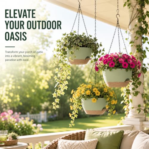 12 Inch Self Watering Hanging Planters 2 Pack, Indoor Outdoor Hanging Pots for Plants with Drainage Holes & Saucers, Green Brown Plastic Hanging Baskets for Kitchen Balcony Garden - color: Green Brown