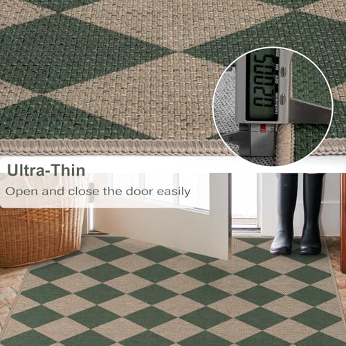 Rugalia Easy Jute Checkered Entryway Rug, 2x3 Green Modern Indoor Outdoor Doormat, Washable Non-Slip Neutral Small Kitchen Rug Farmhouse Diamond Throw Rugs for Entrance Bedroom Bathroom - color: Green Checkered, size: 2' x 3' (Rectangular)