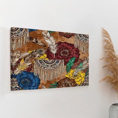 Boho Feather Fringe Art Wall Art Decor Framed 16x12 Inch, Wall Decor Poster for Bedroom Living Room Office Decor (Wooden Inner Frame) - size: 16"L x 12"W