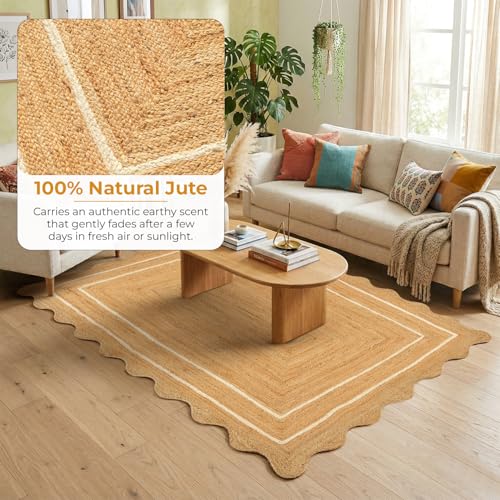GRUHUM Jute Area Rug 5'x8' ft Wave Scalloped Natural Ivory Border Handwoven Boho Reversible Rustic Vintage Farmhouse Soft Braided EcoFriendly Rug - Indoor Livingroom Kitchen Bedroom Hallways 5x8 ft - color: Natural - Ivory Border, size: 5' x 8' (Rectangul