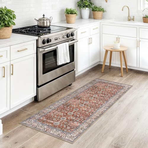 KUTA Runners for Hallways 2x5 ft, Vintage Floral Rug Non-Slip Washable Kitchen Bathroom Rugs Red Clay Ultra Thin Soft Printed Distressed Flower Carpet Entryway Rugs for Bedroom Laundry Nursery - color: Red Clay, size: 2' x 5' (Runner)