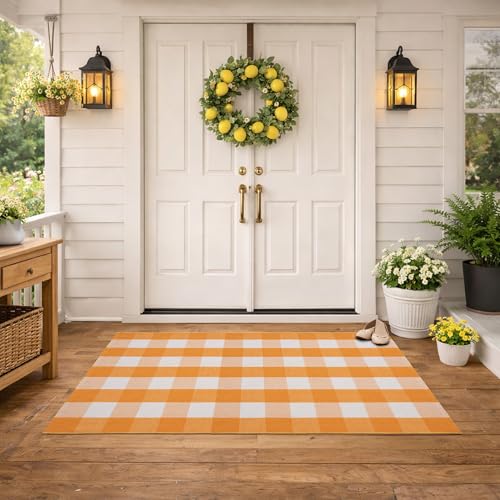Spring Yellow and White Plaid Rug, 3' x 5' Cotton Blend Layered Doormat for Front Door, Hand-Woven Washable Entryway & Porch Decor - color: Pumpkin Yellow and White, size: 3' x 5'