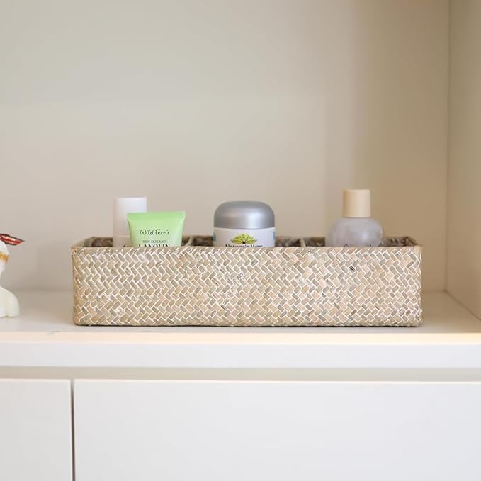 Seagrass Storage Basket for Bathroom, Wicker Toilet Basket Tank Topper, Woven Storage Box for Organizing (Whitewash, 16.5" x 5.5" x 3.5")