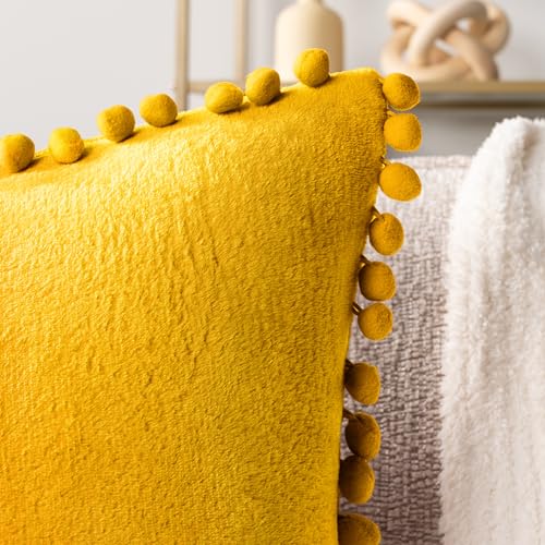 PAVILIA Mustard Yellow Throw Pillow Covers with Pom Pom 18x18 Set of 2, Decorative Pillow Cases for Bedroom Aesthetic, Small Throw Pillows Set for Bed, Velvet Euro Plush Cushion Covers for Sofa Couch - color: Mustard Yellow, size: 18" x 18" (Pack of 2)