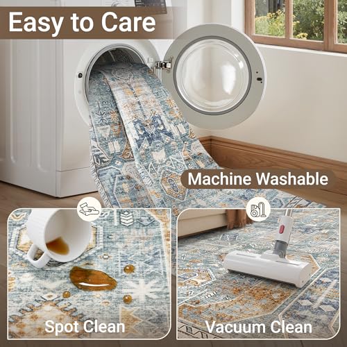 befbee 5x7 Area Rugs for Living Room,Stain Resistant Washable Rug,Non-Slip Backing Carpets for Bedroom,Kitchen,Printed Vintage Home Decor Rug (Blue/Gold, 5'x7') - color: Blue/Gold, size: 5' x 7' (Rectangular)
