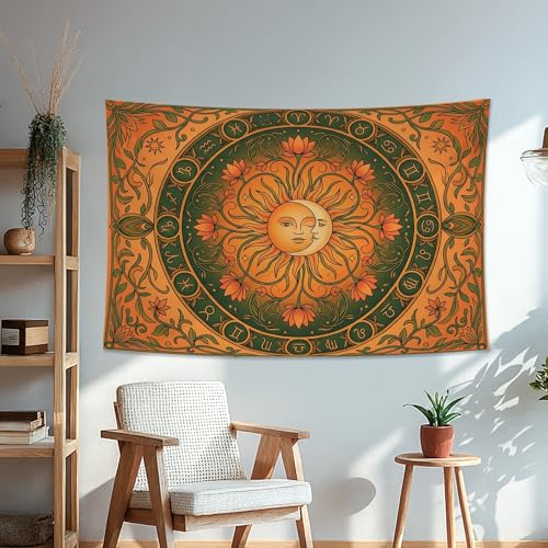 Water Lily and Sun Orange Green Tapestry, Floral Mandala Bohemian Decorative Wall Hanging, Aesthetic Tapestries for Living Room, Bedroom, Meditation 60x50 Inch - size: 60x50 Inch