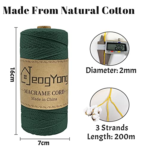 JeogYong Macrame Cord 2mm x 218 Yards, 3-Strand Twisted Natural Cotton Rope, Cotton String Coloured Craft Cord for Plant Hanger Wall Hanging Knitting Crafts, Dark Green Color - color: Dark Green