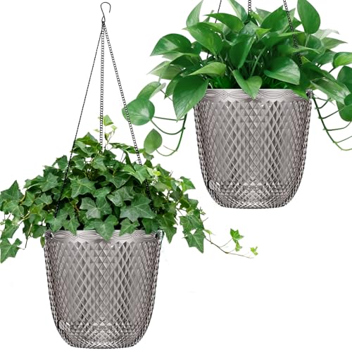 QCQHDU Hanging Planters for Indoor Plants, 2-Pack, 7.2 Inch, Gray | Plastic, Self Watering Plant Hanger, with Drainage Holes, 3 Hooks Chains, For Garden Home - color: Gray, size: 7.2in