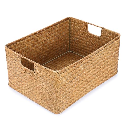 Hipiwe Seagrass Storage Baskets Bin for Shelf,X-Large Handwoven Wicker Baskets Built-in Handles Rectangular Closet Bedroom Organizer Box Multipurpose Pantry Basket,Caramel Color - color: Caramel, size: X-Large,16.1"x11.8"x7.7"