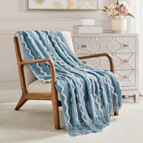 BOURINA Fluffy Chenille Knitted Fringe Throw Blanket Lightweight Soft Cozy for Bed Sofa Chair Throw Blankets, Blue 50" x 60" - color: A-blue, size: 50"×60"