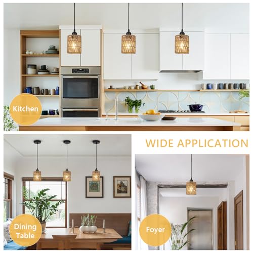 LAMSU 1-Light Rattan Pendant Lights, Boho Farmhouse Pendant Lighting with 4.7×5.9in Hand Woven Shade, Small Wicker Light Fixture Ceiling Hanging for Dining Room Kitchen, Height Adjustable up to 61in - size: 1 Pack