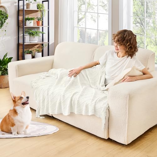 inhand Knitted Throw Blanket for Couch and Bed, Soft Living Room Home Decor Knitted Blanket with Tassel, Outdoor Lightweight Breathable Summer Blanket, Farmhouse Warm Woven Decorative, 50"x60" - color: A(off White), size: 50"x60"