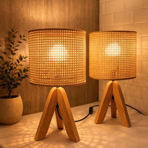 Hamilyeah Tripod Lamps for Night Stands Set of 2, Boho Bedside Lamps with Wicker Shade, Woven Table Lamps for Living Room with On/Off Switch, Wood Desk Lamps for Bedroom - color: Wood Wicker 2 PACK