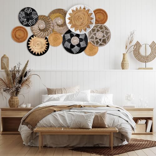 11 Pcs Boho Hanging Wall Basket Decor Handmade Woven Basket Wall Decorative Boho Wicker Baskets Placemats Round Farmhouse Bulrush Art for Rustic Home Decorations Christmas Gift(Stylish) - style: Stylish