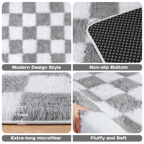 Area Rugs for Living Room Bedroom 9x12, Ultra Fluffy Shag Checkered Rug Modern Washable Carpet Soft Shaggy Non Slip Indoor Plush Fuzzy Rugs for Bedroom Dorm Office Home Aesthetic Decor, White & Grey - color: White & Grey, size: 9' x 12' (Rectangular)