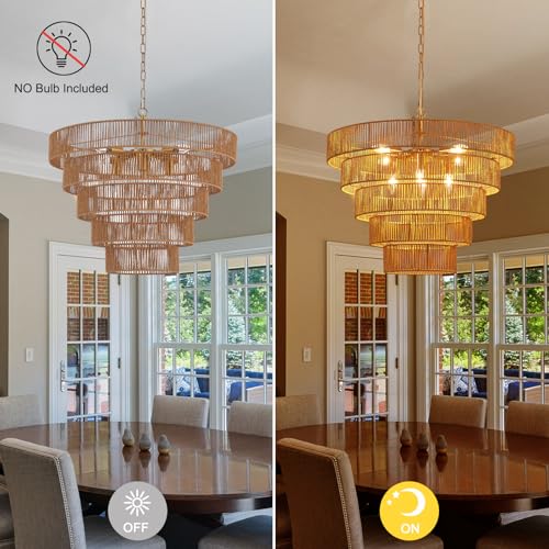 25.6" Large Boho Rattan Chandelier 8-Light Farmhouse Hand-Woven Drum Light Fixture, Vintage Rustic Wicker Rattan Gold Chandelier for Dining Room, Bedroom, Kitchen, Living Room, E12 Base - color: Gold 25IN