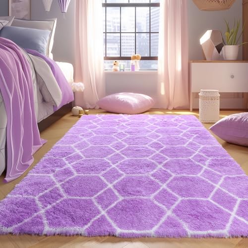 ONASAR Area Rugs for Bedroom Living Room, 4x6 Fluffy Purple and White Throw Rug, Boho Geometric Soft Shaggy Fuzzy Plush Indoor Floor Carpet for Kids Teen Nursery Dorm Home Decor Aesthetic - color: Purple / White, size: 4' x 6' (Rectangular)