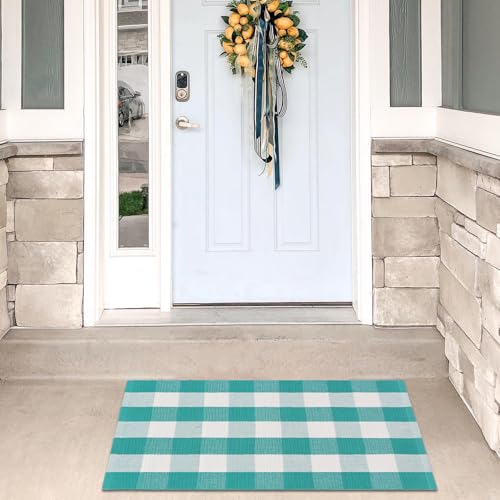 Ckorzen Green and White Plaid Rug, 28" x 43" Spring Outdoor Front Porch Door Decor Mat, Washable Cotton Woven Farmhouse Area Rug for Layered Door Mats Carpet, Entryway, Easter Décor - color: Green & White, size: 2'4" x 3'7" (Rectangular)