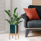 D'vine Dev Ceramic Planter with Natural Stand - 8 Inch Modern Round Flower Pot with Wood Planter Holder, Teal, 55-B-N-4 - color: Teal Pot + Natural Stand, size: 8 Inch