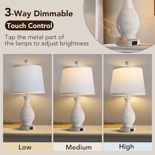 PARTPHONER Traditional Table Lamps Set of 2, Bedside Touch Lamp with USB C+A Charging Ports, Rustic Farmhouse Table Lamps for Living Room Bedroom, Side Table Lamp with White Fabric Shade, Antique Grey - size: Grey 22.6" Touch Lamp