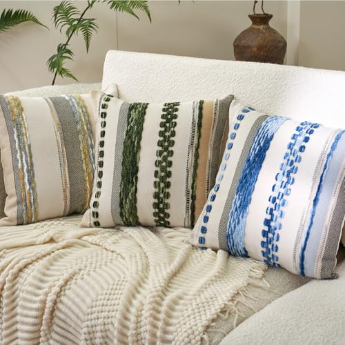 Aeckself Boho Throw Pillow Covers 18x18 Inch Set of 2, Farmhouse Decorative Striped Square Pillow Covers Chenille Tufted Pillow Cases Accent Neutral Pillowcase for Living Room Couch Bed, Sky Blue - color: Sky Blue