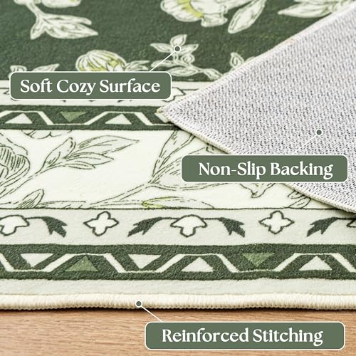 Olive Green Floral Print Area Rugs for Bedroom Living Room Boho Farmhouse Country Rustic Dining Room Carpet Soft Washable Rugs Non Slip Floor Covering for Nursery Playroom 2x6 - color: Sketch Floral Olive Green, size: 2' x 6' (Rectangular)