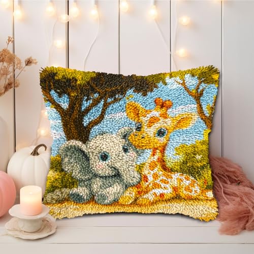 Generic DIY Latch Hook Pillow Kits Cute Elephant and Giraffe Printed Pillowcase Crochet Yarns Hooking Handmade Pillow Cover Cushion for Home Sofa Decoration 17x17inch-4 - color: 03-Giraffe