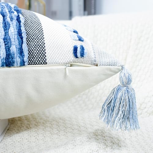 PANOD Chenille Farmhouse Throw Pillow Covers 16 x 16 Blue, Neutral Boucle Couch Pillow Cover, Striped Decorative Boho Coushion Cover Pillow Case for Couch Bed Sofa Bedroom,Modern Accent,Set of 2 - color: Sky Blue Tone, size: 16" x 16" (Pack of 2)