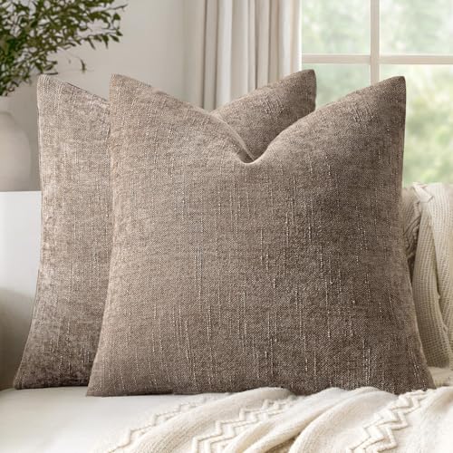 Set of 2 Textured Throw Pillow Covers Decorative Soft Accent Square Chenille Pillowcases Neutral Farmhouse Cushions Modern Home Decor for Couch Sofa Bedroom Living Room 18x18 Inch, Taupe Gray - color: Taupe Gray, size: 18" x 18" (Pack of 2)