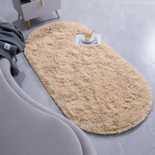 Goideal Fluffy Bedroom Rug, Small Oval Area Rugs, Beige Shag Bedside Carpet for Kids Room Nursery Dorm Cute Fuzzy Indoor Decor for Boy and Girl, 2.6 x 5.3 Feet - color: Light Tan
