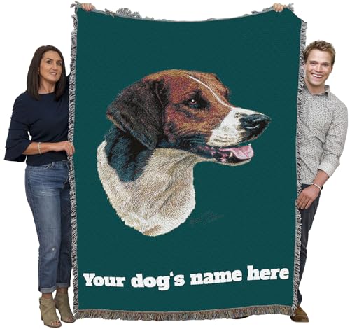 Pure Country Weavers English Foxhound Dog Personalized Woven Blanket Teal by Robert May - Gift Cotton Tapestry Throw - Made in The USA - 72" x 54" - color: Teal, size: 72" x 54" - Custom