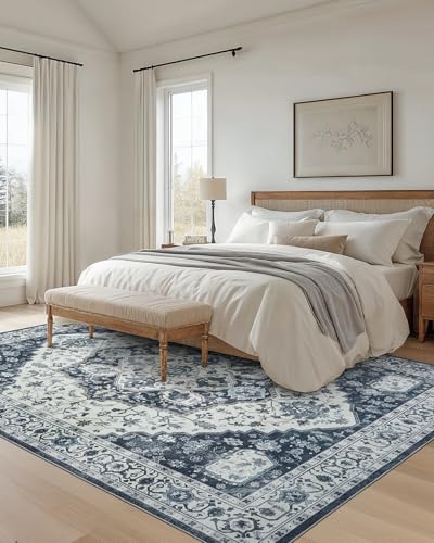 AMADA HOMEFURNISHING 9x12 Area Rug, Washable Low-Profile Large Area Rug with Non-Slip Backing & Durable Edge Binding, Vintage Large Rugs for Living Room, Bedroom - color: Navy/Blue, size: 9' x 12' (Rectangular)