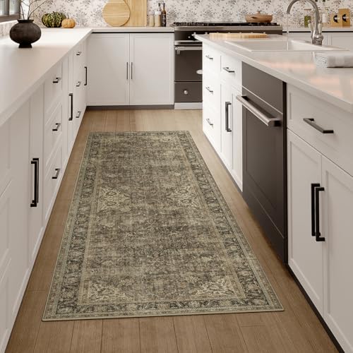 2x5 Washable Runner Rug Brown Vintage Non Slip Soft Low Pile Hallway Kitchen Rug Distressed Oriental Carpet for Laundry Bathroom Bedroom Living Room Home Decor - color: Brown/Black, size: 2' x 5' (Runner)