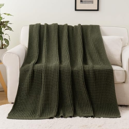 Bunnikins & Clover Olive Green Throw Blanket for Couch, Waffle Knit Blanket Throw, Super Soft Warm Dark Green Throw Blanket for Home Decor,Sofa and Living Room, 50"x60" - color: Olive Green, size: 50"x60"