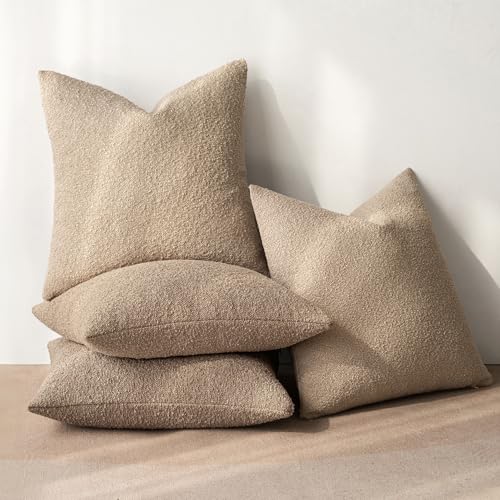 MIULEE Pack of 4 Decorative Textured Boucle Throw Pillow Covers 18x18 Inch Camel Accent Solid Pillow Cases Soft Couch Cushion Covers for Modern Farmhouse Boho Chair Sofa Bed Livingroom Home Decor - color: Camel, size: 18" x 18" (Pack of 4)