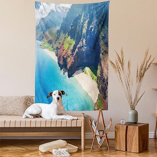 Ambesonne Hawaiian Tapestry, Na Pali Coast on Kauai Island on Hawaii Sunny Day Seaside Mountain Skyline, Wall Hanging for Bedroom Living Room Dorm Decor, 60" X 80", Blue Green Brown - color: Green Brown, size: 80"L x 60"W