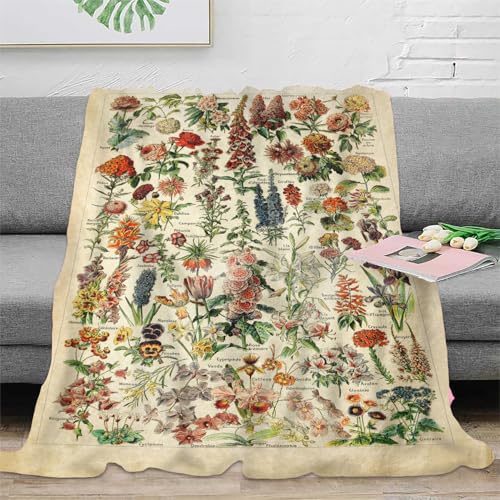 Vintage Flowers Throw Blanket 59”x51” Long Vertical Reference Illustrative Botanical Throws for Bedroom Aesthetic Floral Blankets Botanical Plants Throw Blanket Cute Bedroom Decor - color: Vintage Flowers