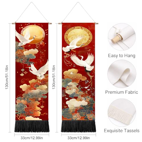 seewan 2 Pack Long Vertical Wall Tapestry, Boho Nature Landscape & Floral Aesthetic Wall Hanging for Bedroom Living Room Home Decor, Long Narrow Art Tapestry with Sunrise Mountain Botanical Designs, 13" × 51" (Orient Golden Festive, 13"Wx51"H, Unframed) -