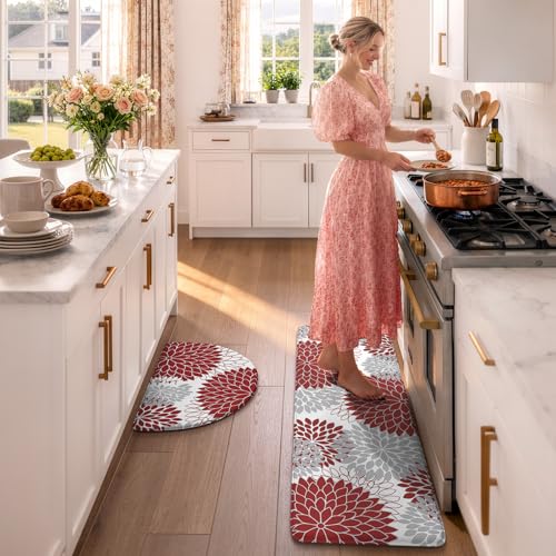 KIMODE Half Circle Kitchen Mats for Floor Cushioned Anti Fatigue,2PCS Semi Round Floral Boho Kitchen mat Non Slip,Waterproof Padded Kitchen Floor Mat Carpet Decor for Sink Laundry Bathroom,Red - color: Red, size: 18" x 28"+18" x 47"-0.47 inches