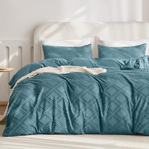 JELLYMONI Duvet Cover Twin Size Grayish Blue - 3PCS Boho Duvet Cover Set Plaid Polyester Tufted Bohemian Jacquard Knit Textured Comforter Cover Rhombic Geometric Pattern Corner Ties & Zipper for Kids - color: Grayish Blue-grid, size: Twin(68"×90")
