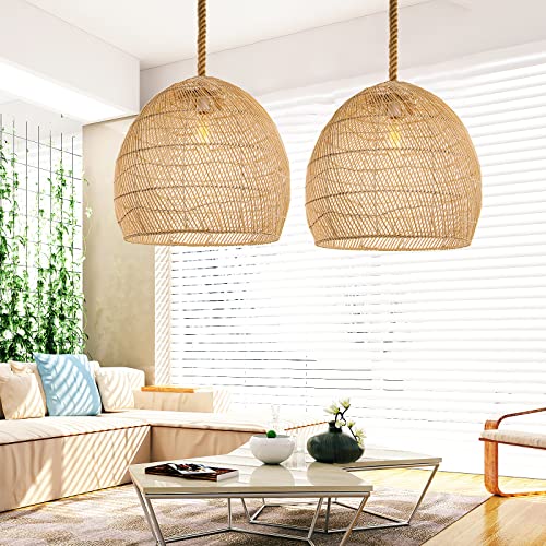 Arturesthome 1 Light Natural Rattan Pendant Light Fixture,Woven Pendant Light Wicker Chandelier,Hanging Ceiling Light,Handmade Lampshade,Rope Lamp for Kitchen Island W19.6in X H 17.7in - size: 19.6″W x 18″H