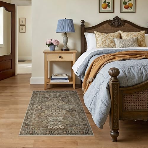 Bavni 3x4 Area Rug for Living Room Bedroom, Washable Boho Print Vintage Aesthetic Rug, Ultra-Thin Low Pile Rugs for Entryway Playroom with Non Slip Backing, Brown - color: Brown, size: 3' x 4' (Rectangular)