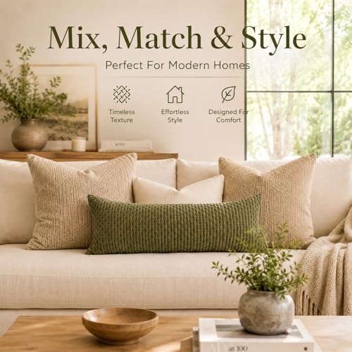 JoraLion 14x36 Boho Decorative Lumbar Throw Pillow Cover, Olive Green Cozy Soft Striped Corduroy Long Rectangle Cushion Case Accent Home Decor for Sofa Bed Room Livingroom, ONLY Cover - color: Olive Green, size: 36" x 14" (Pack of 1)
