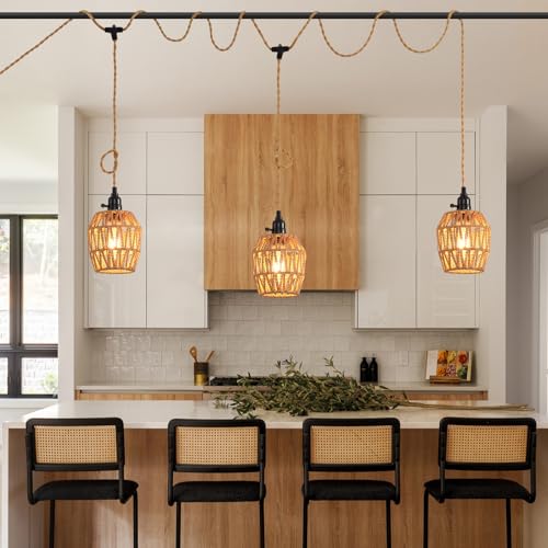 3 Light Plug in Pendant Light Rattan Hanging Lights with Switch 22FT Industrial Ceiling Light,Plug in Cord with Woven Hemp Rope Lamp Shade, Hanging Lamp Cord Farmhouse Cable DIY - color: 3 Light Style B