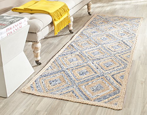 SAFAVIEH Cape Cod Collection Runner Rug - 2'3" x 16', Natural & Blue, Handmade Flat Weave Diamond Braided Jute & Denim, Ideal for High Traffic Areas in Living Room, Bedroom (CAP354A) - color: Natural/Blue, size: 2'3" x 16' (Runner)